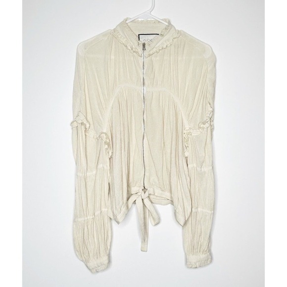 Alexis Boho Ruched Blouse Long Sleeve High Neck Front Zip Women Cream Size Large - Picture 1 of 7